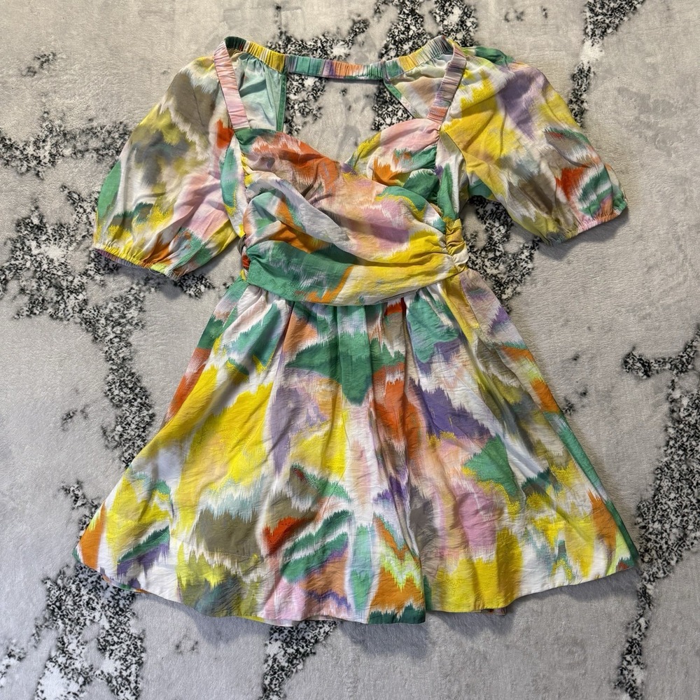 Anthropologie Dress Womens Size L Watercolor‎ Puff Sleeve Mini T Strap Back